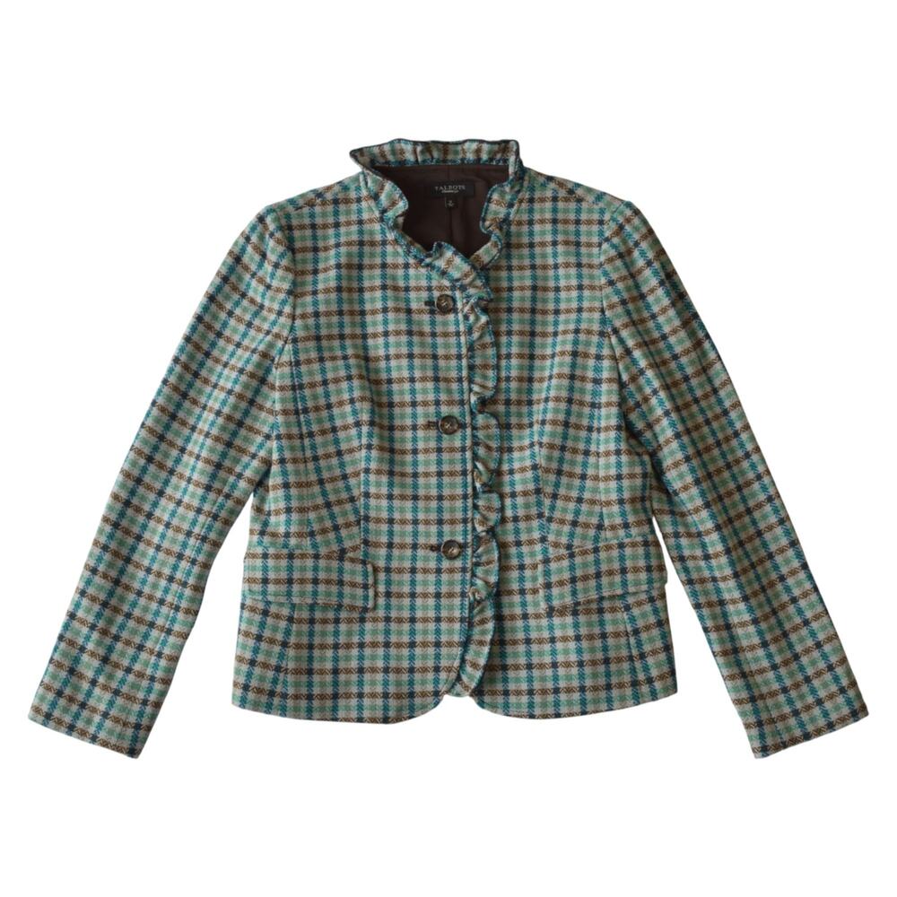 Talbots Wool Plaid Jacket Size 12 – Ruffle Trim & Elbow Patches